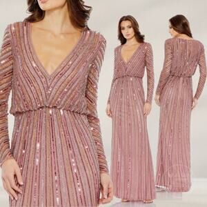 Mac Duggal 10 Sequin, Long Sleeve, V-Neck Gown | Rosewood Pink, Blush 93647 NWT